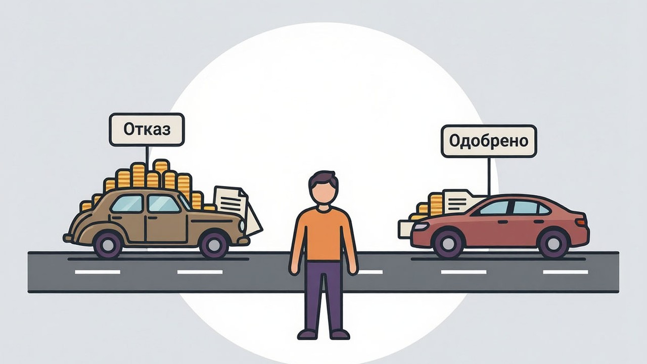 Человек стоит перед двумя дорогами: одна ведёт к старой машине с грудой долгов (монеты, договоры), другая — к новой машине. На первой дороге видны зна