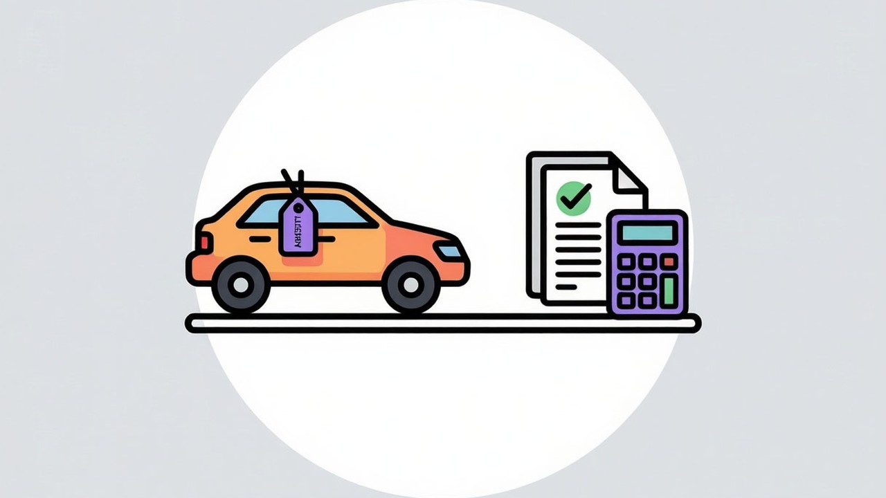 Иллюстрация: весы, на одной чаше которых стоит автомобиль с ярлыком «автокредит», а на другой — стопка документов с условиями, калькулятором и значком