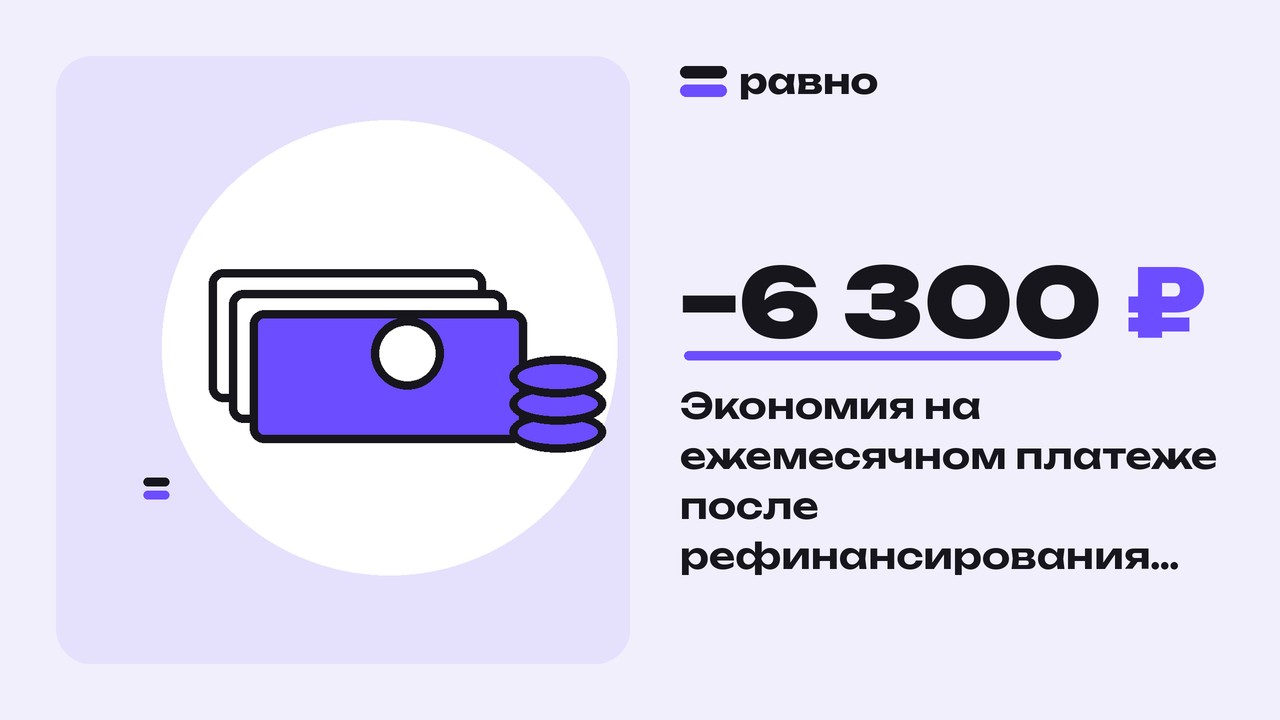 −6 300 ₽ — Экономия на ежемесячном платеже после рефинансирования кредитов